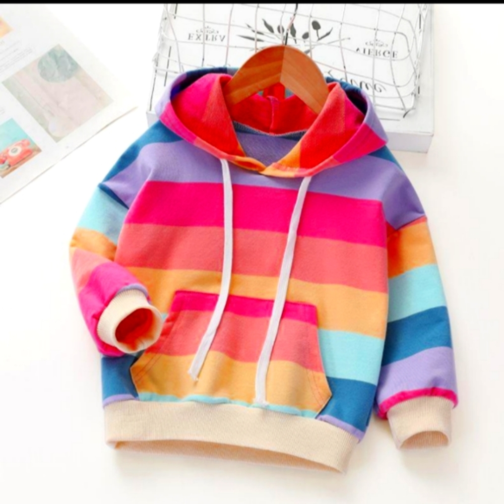 Printed Girls Rainbow Pullover Hoodie-Rose